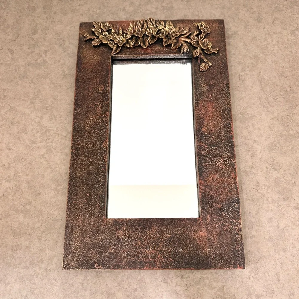 Vintage Rustic Bronze Floral Accent Wall Mirror 9 X 14” Framed Forged Flowers